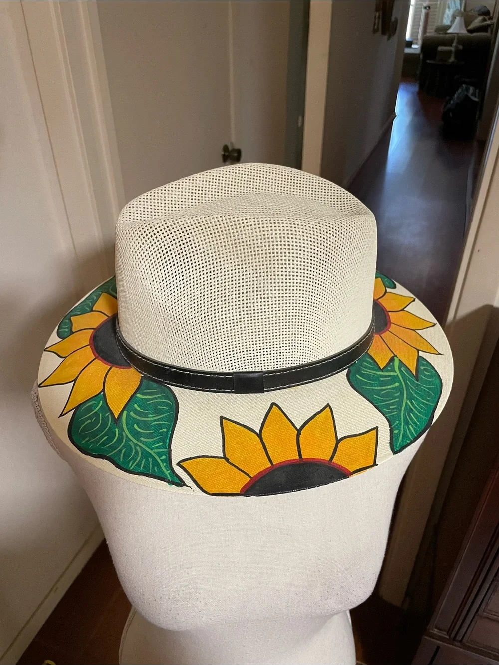 MX Mexico cream woven straw fedora hat black band hand painted sunflowers MEDIUM